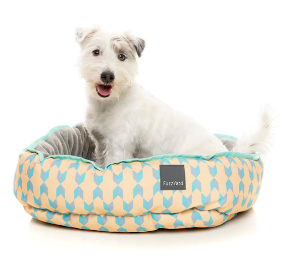 This luxurious dog bed is printed in a stylish geometric design in peach, mint and grey on one side and sumptuously soft grey velvety plush on the other. To top it all off, this quality reversible dog bed is finished in style with pale blue piping and has a FuzzYard designer label for extra panache.